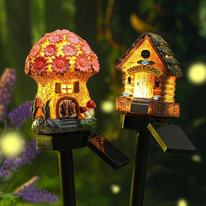 2 Pack Mushroom Fairy House Solar Light Spring Outdoor Garden Home Statue LED Light Fairy Lights for Outside Spring Garden Lawn Walkway Patio Yard Backyard Plant Decoration