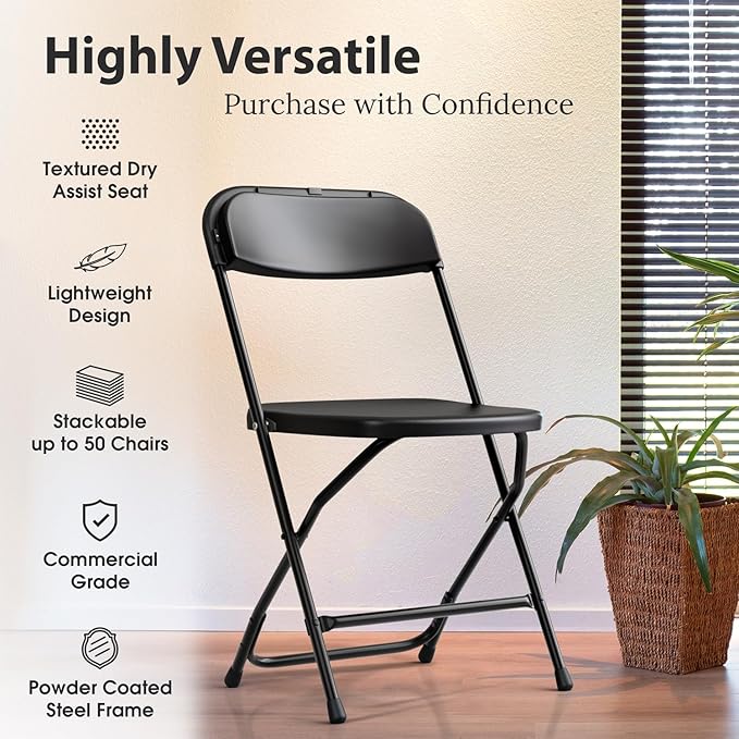 4 PACK White Foldable Plastic Chair | Folding & Stackable | 350 lbs Capacity Steel Frame Seats for Indoor Outdoor | Commercial Use Events Wedding Party Events Bulk Picnic Kitchen Dining