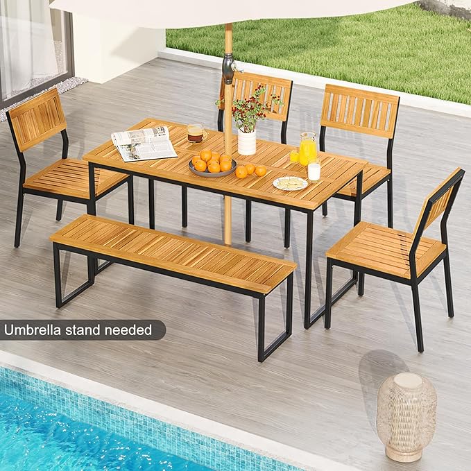 Tangkula 6 Pieces Outdoor Acacia Wood Dining Set, Patio Table and Chairs Set with Bench and 2” Umbrella Hole, Outdoor Patio Dining Furniture Set for Lawn, Garden, Poolside, Backyard