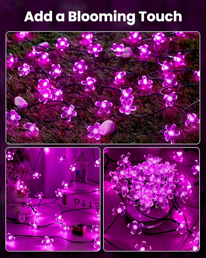 Brightown 2 Pack Total 52FT 120 LED Flower Solar String Lights Outdoor Waterproof Fairy Lights for Garden Yard Fence Patio Christmas Tree Wedding Party Decor, Pink