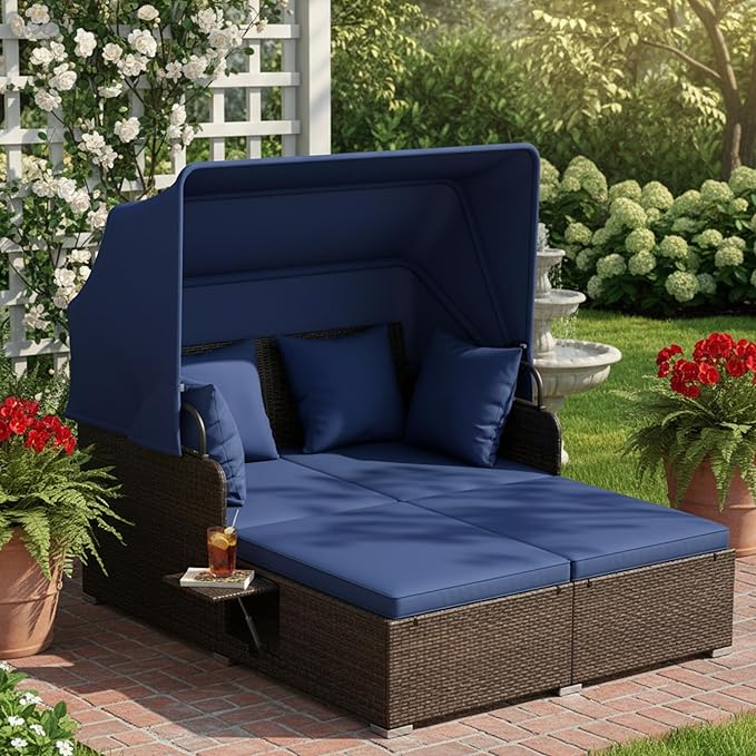 Tangkula Patio Rattan Daybed with Retractable Canopy, Outdoor Wicker Sunbed with 2 Foldable Side Tables, Thick Seat & Back Cushions, Outside Double Daybed for Garden, Backyard, Porch, Navy & Brown