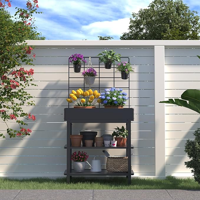 Metal Raised Garden Bed with Trellis & 2-Tier Storage Shelf, Elevated Planter Box with Legs -Includes 3 Flower Pots, Outdoor Vertical Garden for Vegetables Herbs Climbing Plants Patio Balcony