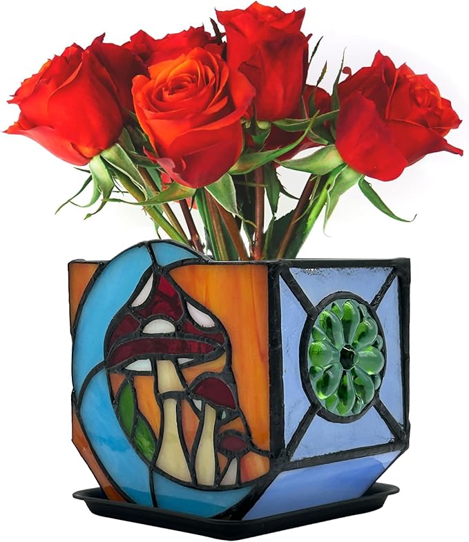 Stained Glass Moon Mushroom Planter, Indoor Decorative Plant Pot with Drainage, Mushroom gifts4.6x3x5.15 Inches