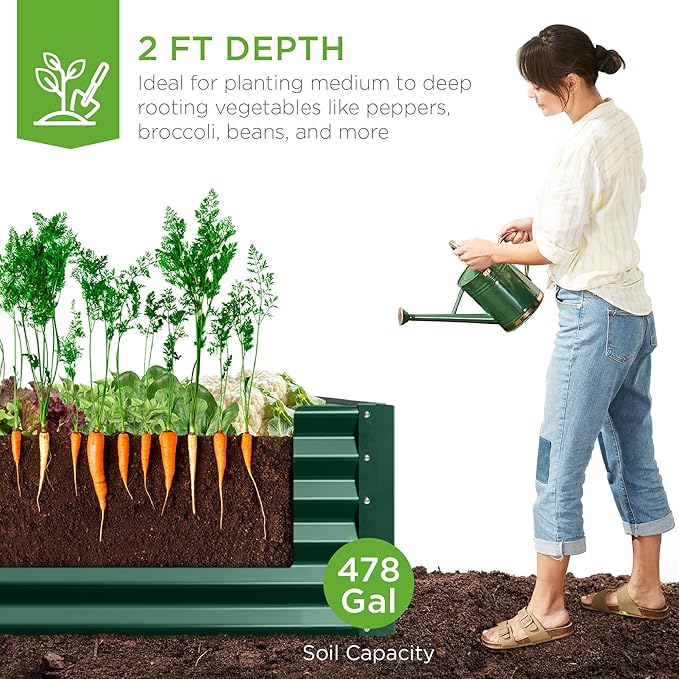 Best Choice Products 8x4x2ft Outdoor Metal Raised Garden Bed, Deep Root Planter Box for Vegetables, Herbs & Flowers, 478-Gallon Capacity, 100% Non Toxic Materials - Dark Green