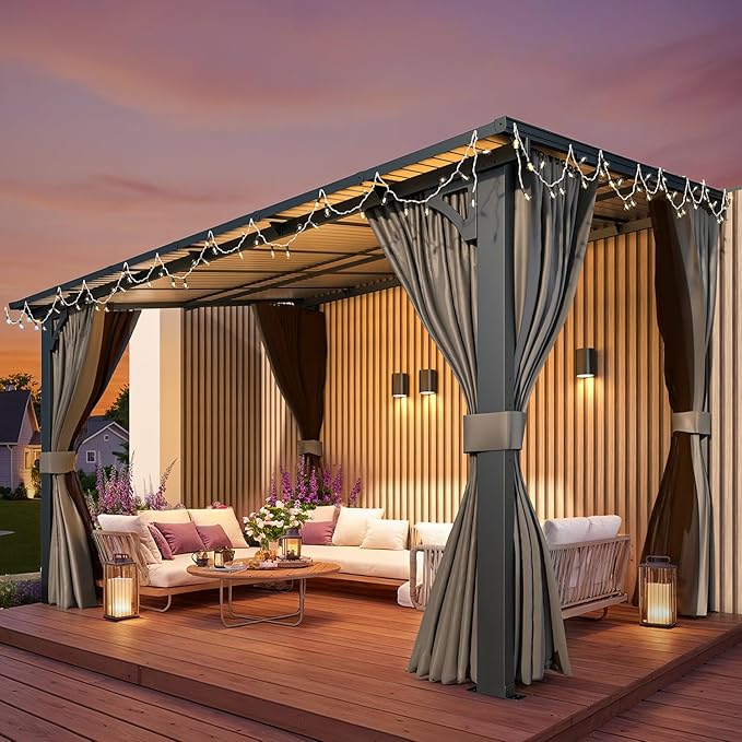 AECOJOY 12' x 8' Gazebo Outdoor Pergola with Curtains and Netting, 8'x12' Hard Top Lean to Pergolas and Gazebos Clearance with Patio Roof, Large Wall-Mounted Heavy Duty Awnings for Patio, Decks