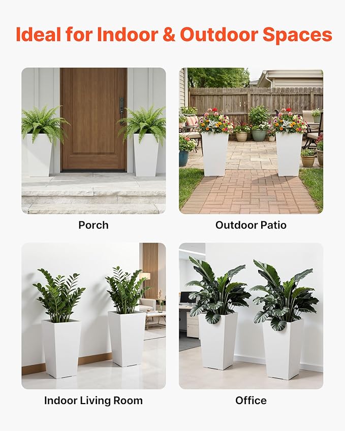VEVOR Set of 2 Tall Planters for Outdoor Plants 22 inch, White Tall Planter for Indoor Plants, Modern Planters for Front Porch Patio Balcony, Plant Container Flower Pots with Built-in Drainage