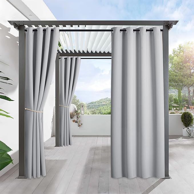 RYB HOME Outdoor Curtains for Patio Waterproof Block Sunlight Thermal Insulated Privacy Assured Thick Outside Curtains for Pergola, Deck, Gazebo, W52 x L108, Light Grey, 1 Panel