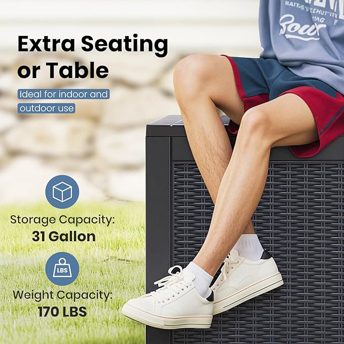NEWBULIG 31 Gallon Deck Box, Weatherproof Resin Lockable Outdoor Storage for Secure Package Deliveries and Indoor Storage in Garden or Patio, Backyard