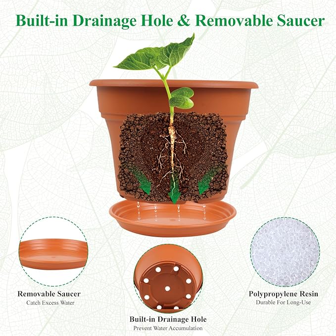 10 Inch Plastic-Flower-Pot-for-Indoor-Plants, 4 Pack Large Outdoor Planter Pot with Drainage Holes & Saucers, Resin Decorative Garden Pots Planters