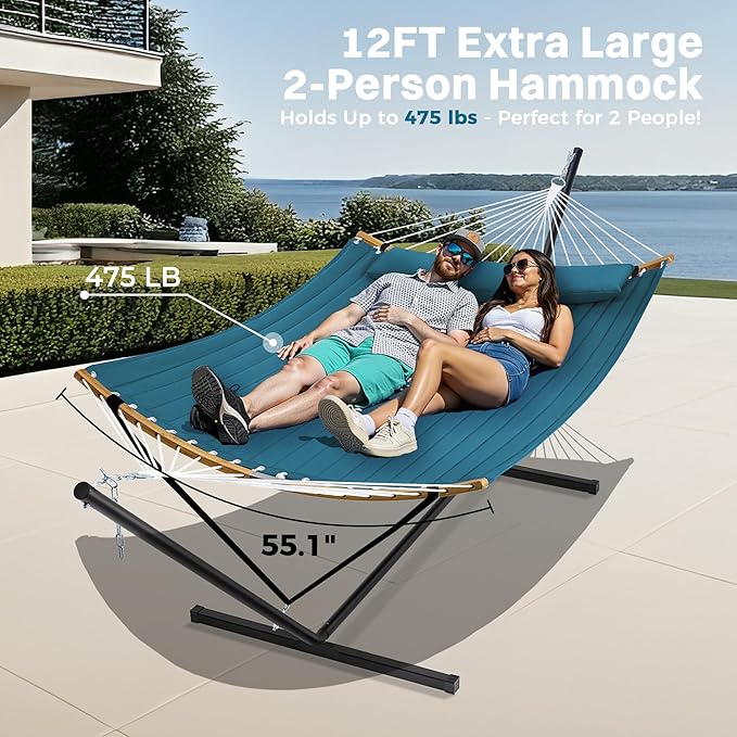 SUPERJARE Curved-Bar Hammock with Stand, 2 Person Heavy Duty Hammock Frame, Detachable Pillow & Portable Carrying Bag, Perfect for Outdoor & Indoor, Peacock Blue