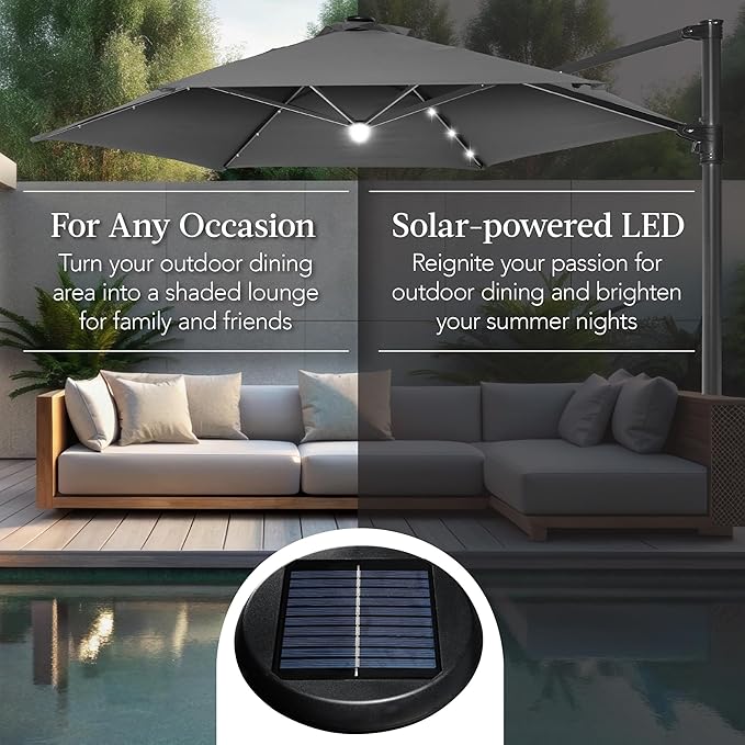 Best Choice Products 10ft Solar LED Offset Cantilever Hanging Market Patio Umbrella, Smooth 360° Rotation, 8 Sturdy Ribs, Easy Adjustment - Gray