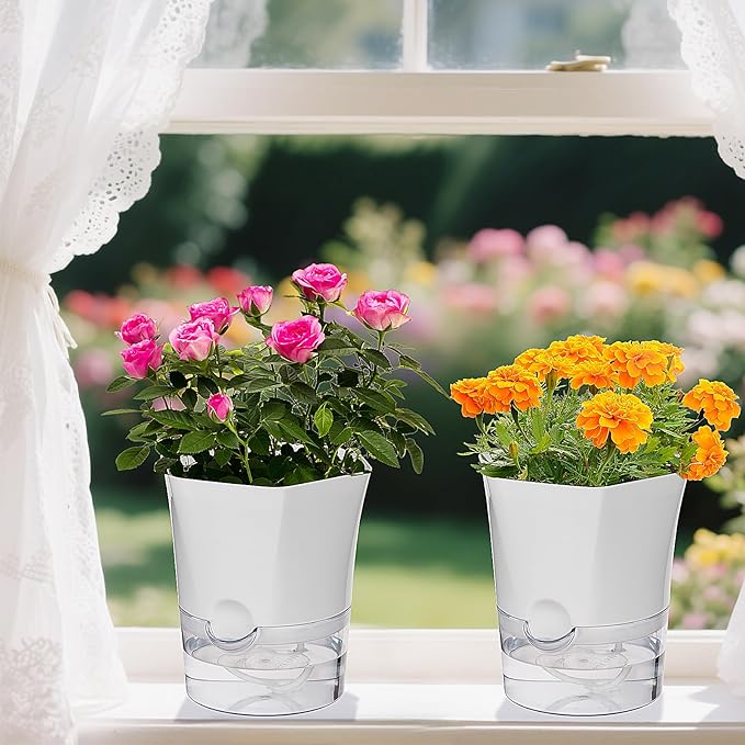 KIMCHOMERSE Self Watering Plant Pots, 6 Inch Orchid Pots, 3 Pack Flowers Pot Indoor Planter Pots with Tray for Spider Plant, Orchid, African Violet -White