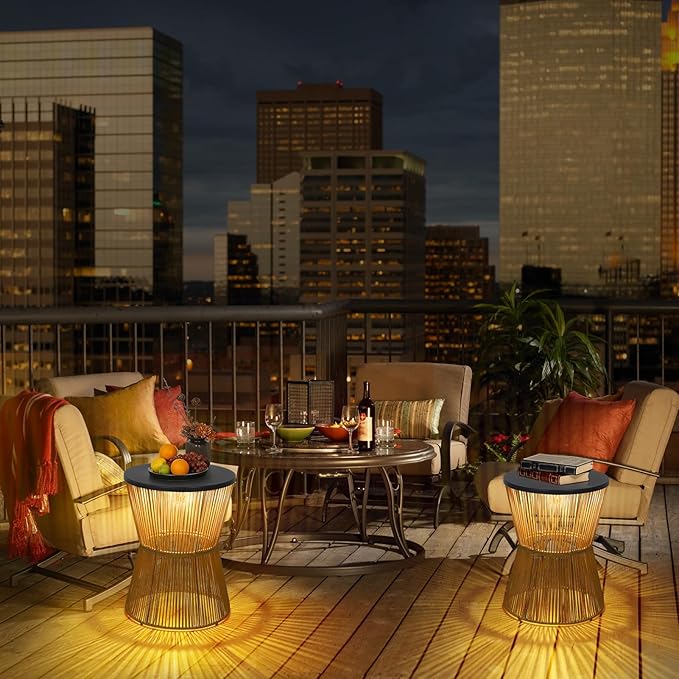 HMVPL Solar Outdoor Side Table with Dimmable Light, Patio Side Tables for Outside, Round Outdoor End Tables Set of 2, Plastic Rattan Patio End Accent Table for Poolside Backyard Gazebo, Dusk to Dawn