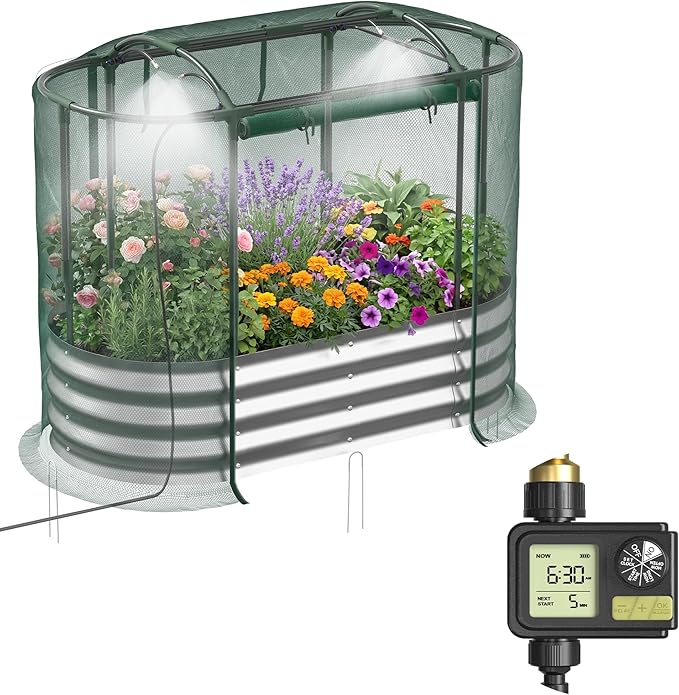 Raised Garden Bed with Sprinkler Timer and Self-Watering System, 4x2x1 ft Elevated Planter Boxes Outdoor with Mesh Cover, Galvanized Raised Beds for,Vegetables,Flowers, Backyard, Patio
