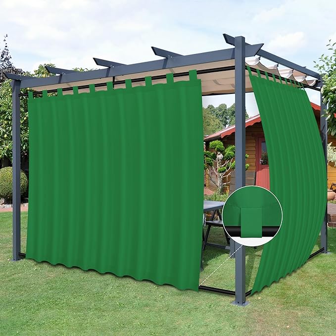 Easy-Going Outdoor Patio Curtains Detachable Tab Top Windproof Weatherproof Curtain for Cabana, Porch, Pergola and Gazebo, Tab Bottom Drape, 2 Panels, 110W x 84L inch, Green