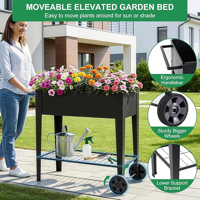 Elevated 32" Tall Raised Garden Bed with Legs and Wheels for Mobility, Metal Planter Boxes Outdoor with Shelf, Raised Bed for Gardening Vegetables/Herbs, Backyard, Patio, Balcony, Black