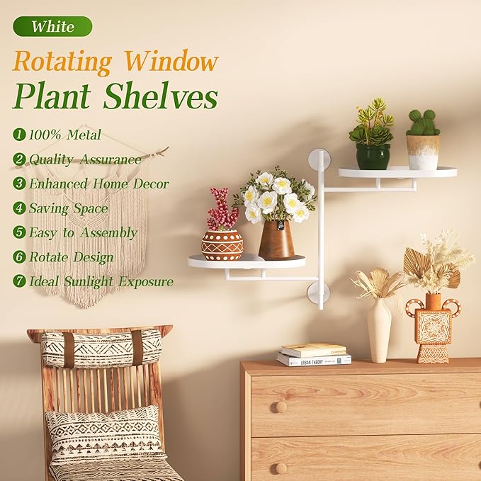 Window Rotating Plant Stand Shelf Indoor White Metal Floating Shelves 2-Tier Wall Mount Plant hanger Holders for Wall Planter Modern Home Decor window sill gifts