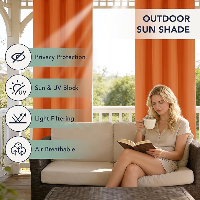 Outdoor Curtains for Patio Waterproof - 6 Panels Privacy Weatherproof Outside Curtains with Grommets for Pergola, Gazebo, Porch, Cabana, Balcony, 54 x 84 Inch, Mecca Orange