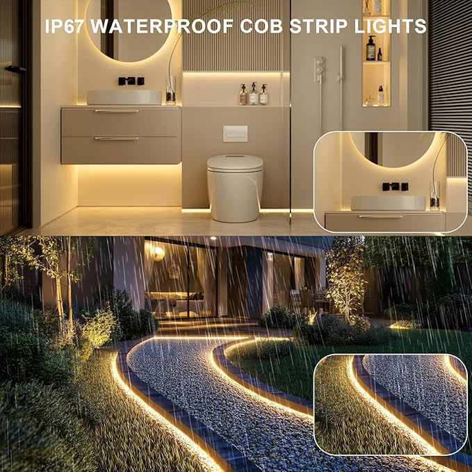 100ft COB Outdoor LED Strip IP67 Waterproof, 3000K Warm Whit DC24V Flexible LED Rope Strips with Remote & App Control Dimmable, DIY Lighting for Indoor, Outdoor, Garden, Patio（2 Rolls）