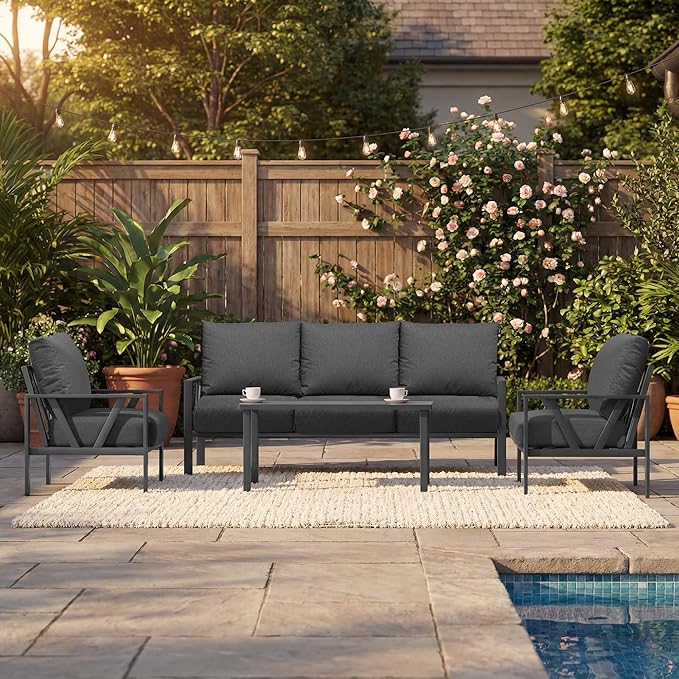 Outdoor Patio Furniture Set, 4 Pieces Metal Patio Furniture Set with Coffee Table, Modern Outdoor Patio Conversation Seating Set, Grey