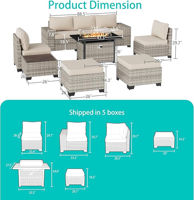 9-Piece Outdoor Patio Furniture Set with 55,000 BTU Fire Pit Table, PE Wicker Rattan Sectional Sofa Patio Conversation Set with Ottomans & Coffee Table, White