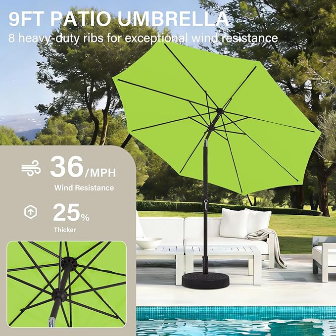 MEWAY 9ft Patio Umbrella Outdoor Table Umbrellas with Push Button Tilt and Crank, Market Umbrella 8 Sturdy Ribs for Deck, Garden, Pool and Backyard, Apple Green