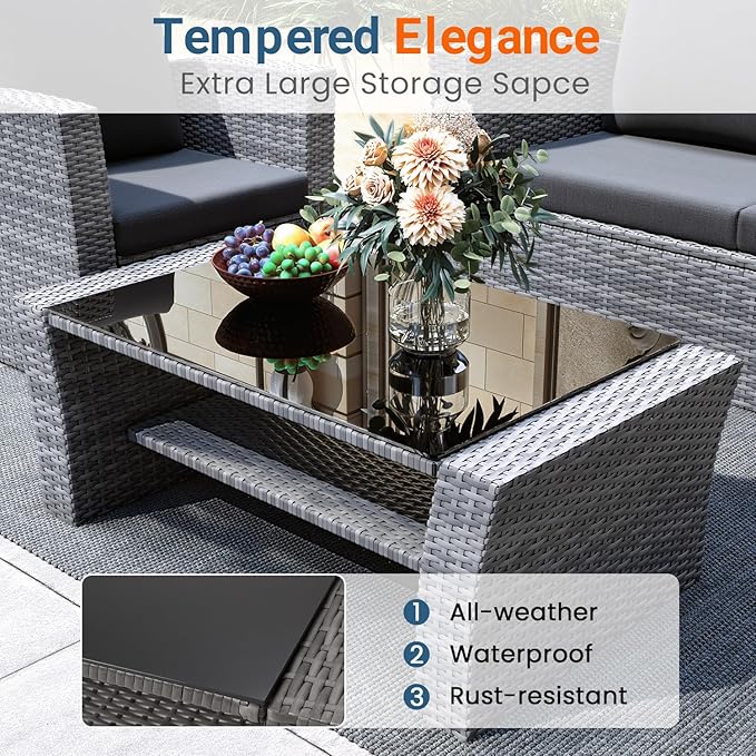Wisteria Lane 5 Piece Patio Furniture Set, Wicker Outdoor Patio Conversation Furniture Set, All Weather Outdoor Patio Sofa with Cushion and Glass Table, Dark Grey
