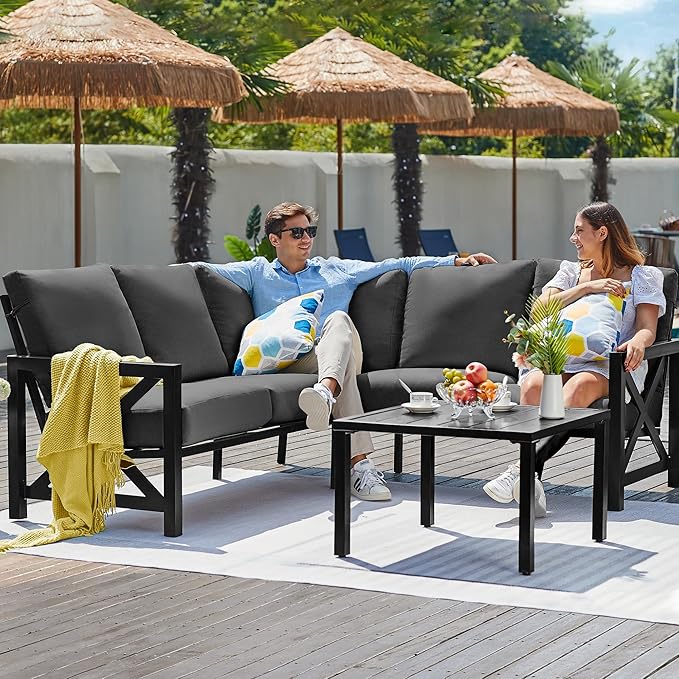 NATURAL EXPRESSIONS 6 Pieces Patio Furniture Sets, Metal Outdoor Sectional Furniture L Shape Patio Conversation Sets,Highback Frame,Metal Table,Large Waterproof Cover, 6.5" Olefin Cushions,Dark Grey