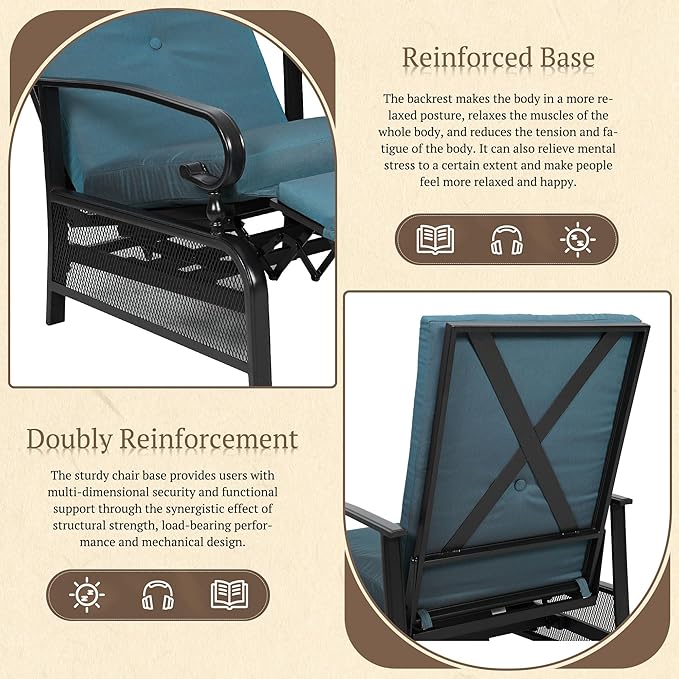 Oakcloud Adjustable Outdoor Lounge Chair Metal Patio Relaxing Recliner Chair with Removable Cushions(Peacock Blue)