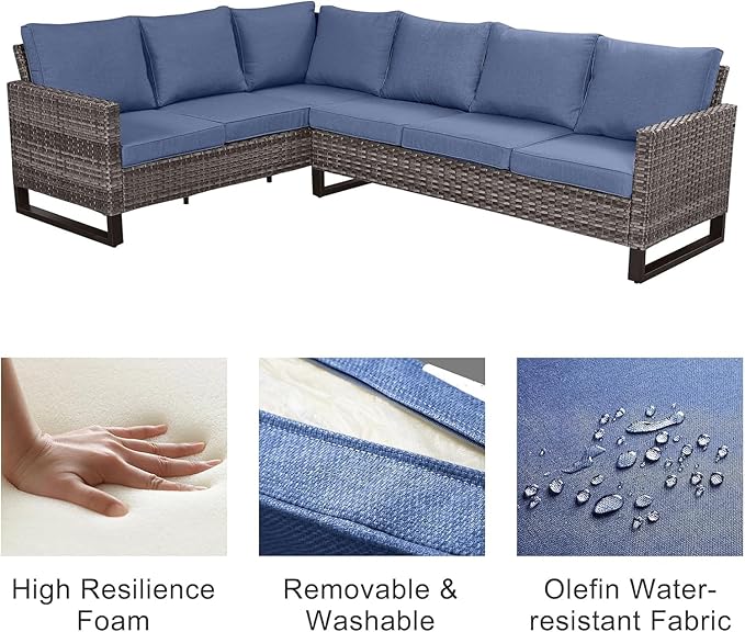 Patio Sectional Furniture Set with Fire Pit Table: 10 Pieces Wicker Patio Conversation Set with L Shaped Sofa, Outdoor Swivel Glider Rocker, Rattan Club Chairs, Ottomans, Removable Cushions Blue