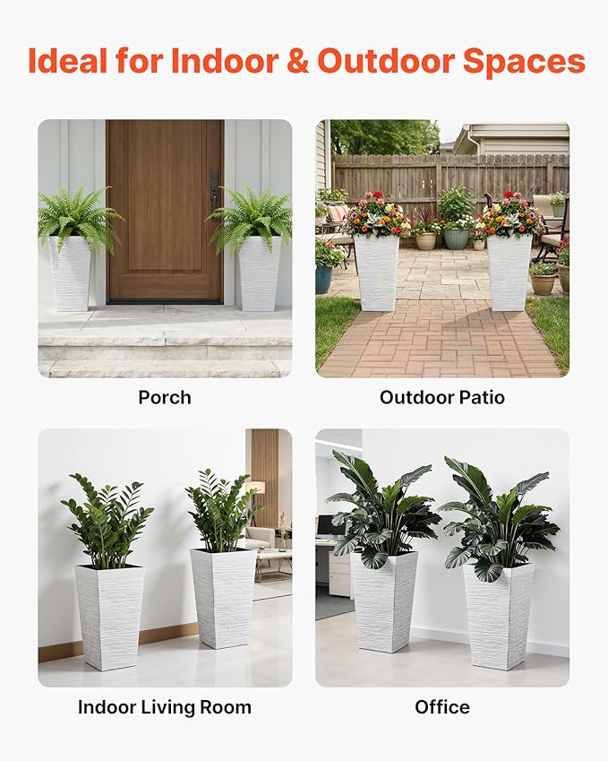 VEVOR Set of 2 Tall Planters for Outdoor Plants 23 inch, White Tall Planter for Indoor Plants, Modern Planters for Front Porch Patio Balcony, Plant Container Flower Pots with Built-in Drainage