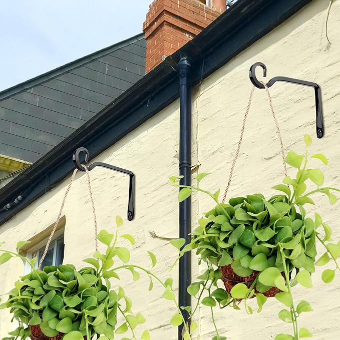 Plant Hangers Outdoor, 2 Pack 6 Inch Hanging Plant Bracket, Metal Hanging Plant Hooks, Wall Hooks for Hanging Plants, Bird Feeder, Flower Basket, Wind Chimes, Indoor Outdoor (Black)