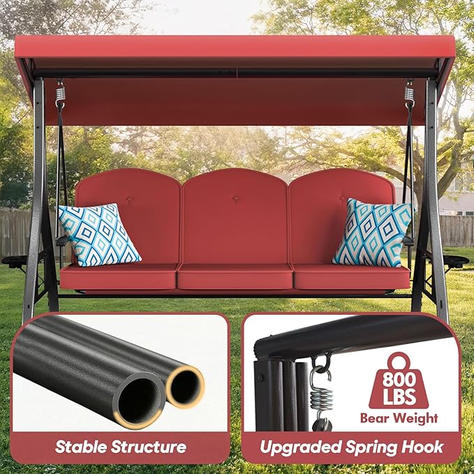 3 Seat Outdoor Porch Patio Swing with Stand 800lbs 2-in-1 Convertible Swing Bed with Adjustable Canopy & Removable Cushion for Yard Garden Deck (Wine Red, Square Tube)
