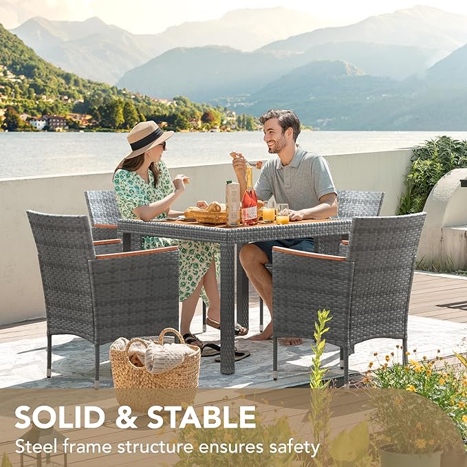 Devoko 5 PCS Furniture, Patio Conversation Set with Acacia Wood Top, Rattan Outdoor Dining Table and Chairs for Backyard, Garden, Deck, Grey