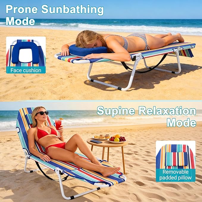 ABORON 2-in-1 Tanning Chair with Face Hole, Folding Camping Cot for Adults, 5-Position Adjustable Lounge Chair with Pillow, Heavy Duty 600D Oxford Portable Cot for Beach, Patio, Poolside