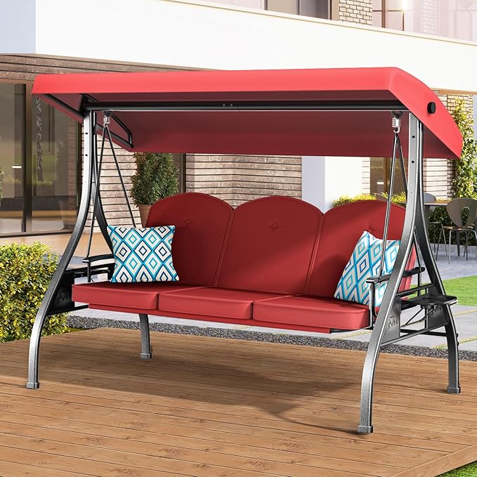 3 Seat Outdoor Porch Patio Swing with Stand 800lbs 2-in-1 Convertible Swing Bed with Adjustable Canopy & Removable Cushion for Yard Garden Deck (Wine Red, Square Tube)
