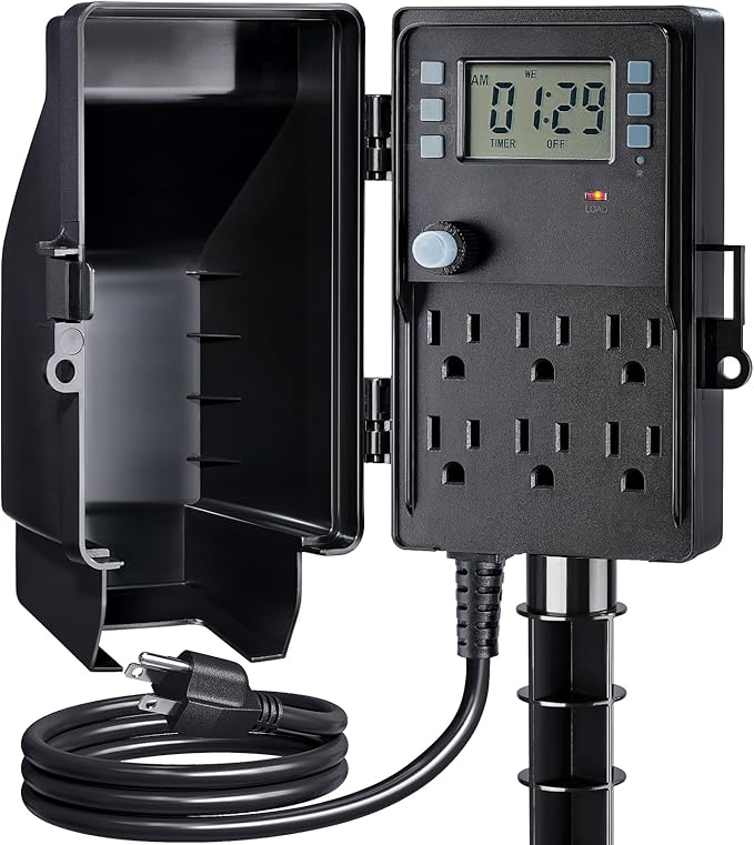 SURAIELEC Outdoor Power Stake, 7-Day Programmable Digital Timer, Power Strip Weatherproof, 6 Multi Plug Electrical Outlet Waterproof, 6FT Extension Cord for Outdoor Light, Outside Halloween Decoration