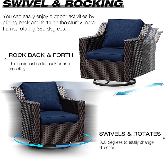 Joyside Wicker Patio Furniture Sets, 10 Pieces Upgraded Large Size Outdoor Furniture with 4 Swivel Rocking Patio Chairs, 3-Seat Sofa, Outdoor Ottoman, Thick Cushions, Wide Armrest, Blue
