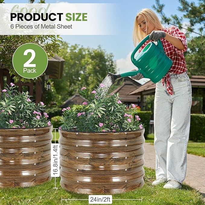 G GOOD GAIN Round Raised Garden Bed - 2x2x1.4ft Galvanized Steel Planter Boxes Outdoor with Rubber Edge Trim | Metal Raised Beds for Gardening Vegetables Flowers Fruits Herbs (Wood Grain)