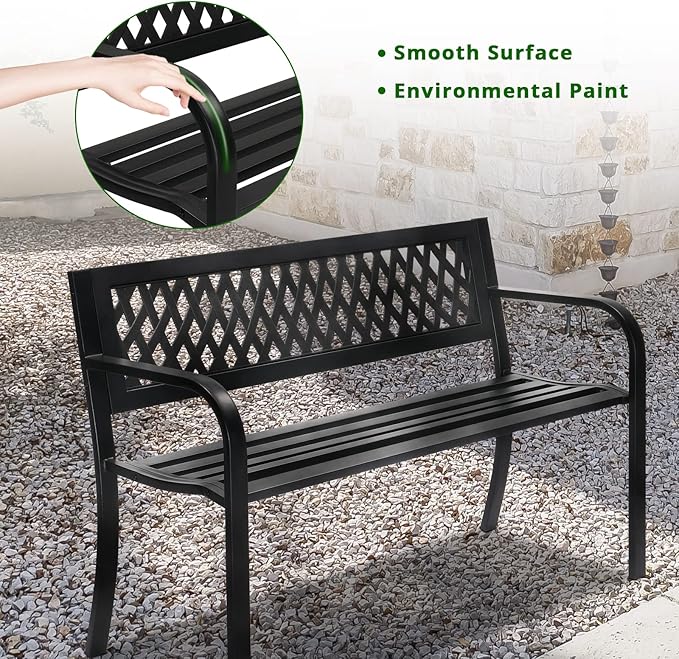 VINGLI 47'' Outdoor Bench, Weather Resistant Garden Patio Bench Powder Coated Iron Frame w/PVC Mesh Backrest Slatted Seat, 2-Person Outdoor Furniture for Front Porch Entryway Park (Black)