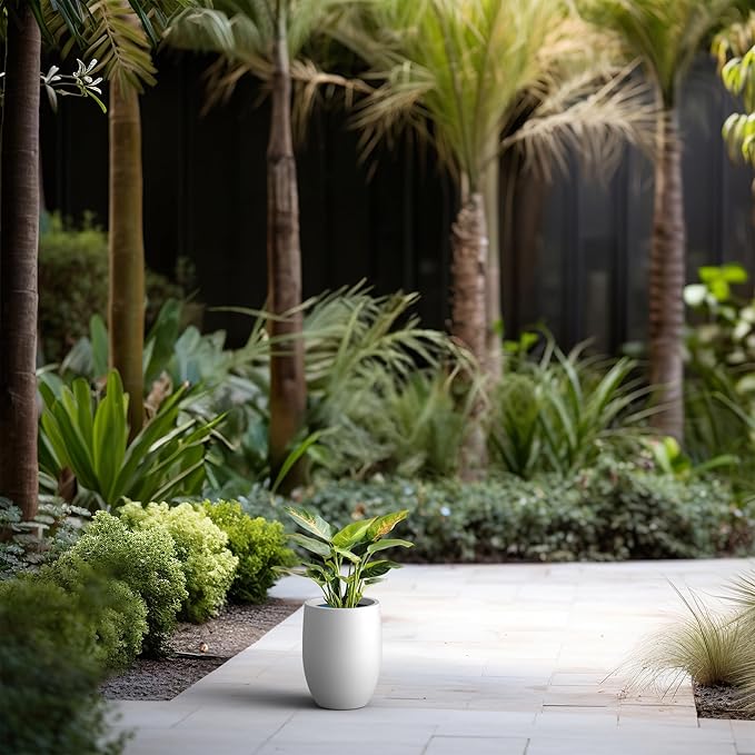 Kante 11.8 Inch Tall Concrete Planter, Large Indoor Outdoor Plant Pot with Drainage, Smooth White Finish with Painted Interior, Ideal for Porch, Home, Garden, Patio