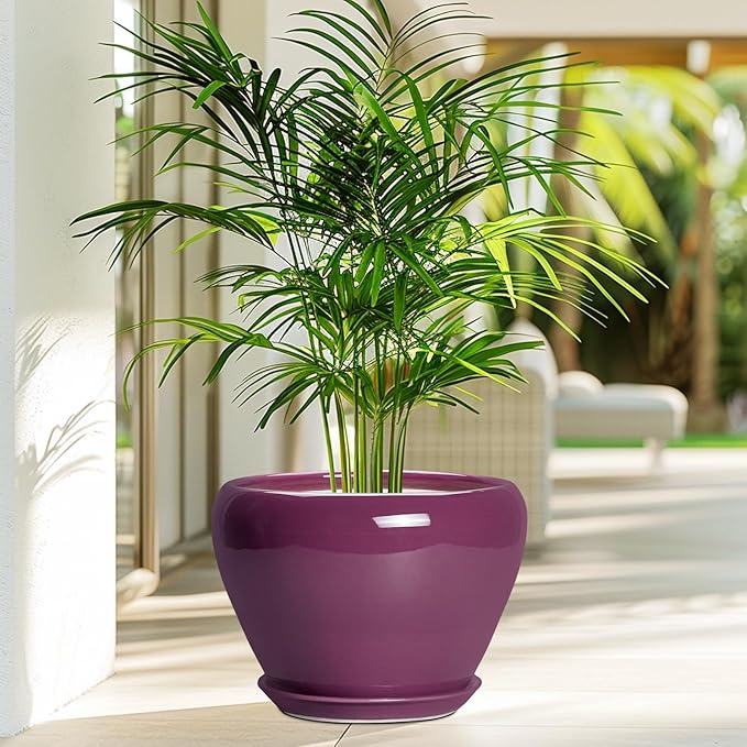 10 Inch Plant Pot - Ceramic Planter with Drainage Hole and Saucer, Round Modern Flower Pot for Indoor Outdoor Plants, Housewarming Gift, Home Garden Decor, Purple
