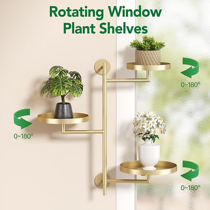 Rotating Window Shelves for Multiple Plants Indoor,3-tier Metal Corner gold Plant Stand Holder Floating Hanger Shelf for Wall，Windows Sill Gifts for Planter Lover to Enhance Home Decor