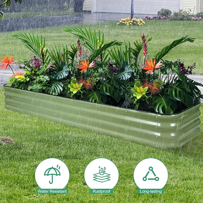 1MORE Raised Garden Bed -8X2X1 Galvanized Planter Box for Outdoor Gardening,5 in 1 Modular Raised Bed Kit with Protective Tape, Gloves for Herb,Ideal for Vegetables and Plants.Green-2pack