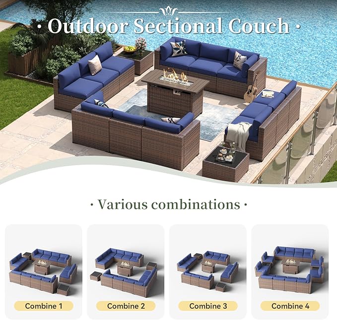 Aoxun 15 Piece Patio Furniture Set with 44” Fire Pit Table Wicker Rattan Outdoor Sectional Sofa Set with Coffee Table and Thickened Cushions, Blue (Waterproof Cover Included)