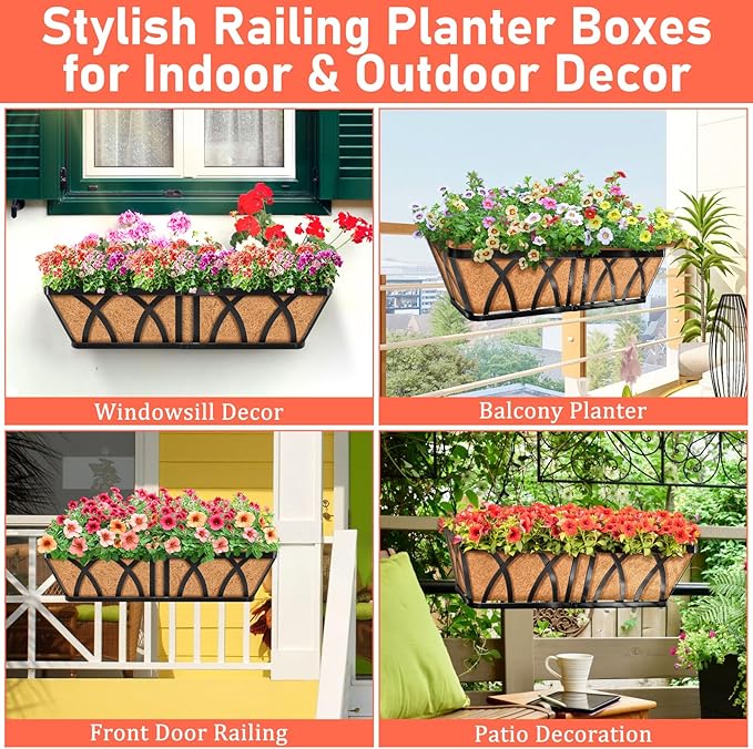 Riare 3 Pack 24 Inch Metal Railing Planter Window Box with Coco Liner- Adjustable Window Flower Boxes for Railings, Hanging Rail Planters for Deck, Balcony, Porch, Fence, Indoor Outdoor Plants