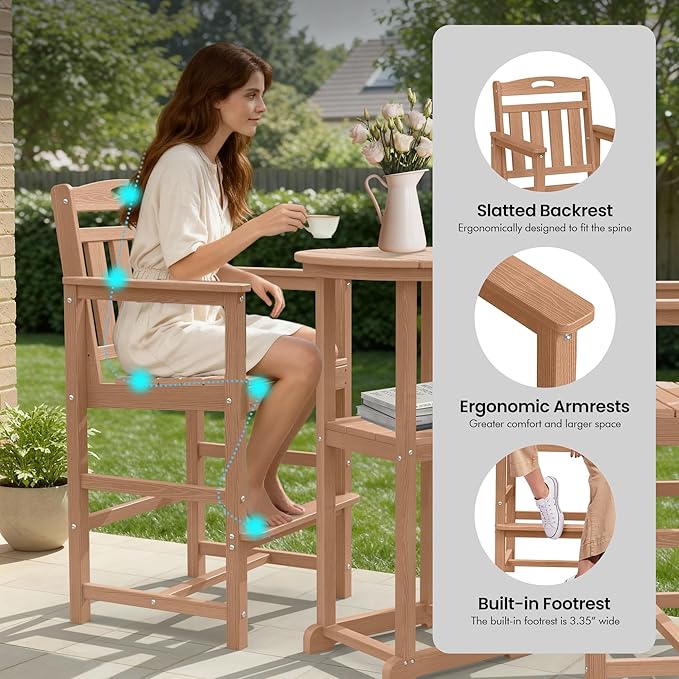 Ciokea 3-Pcs Bistro Table and Chairs, All-Weather Round High Top Bar Table with Storage Shelf and 2 Oversized Adirondack Chairs, Heavy Duty Outdoor Bar Set Patio Bistro Set for Balcony Deck, Teak