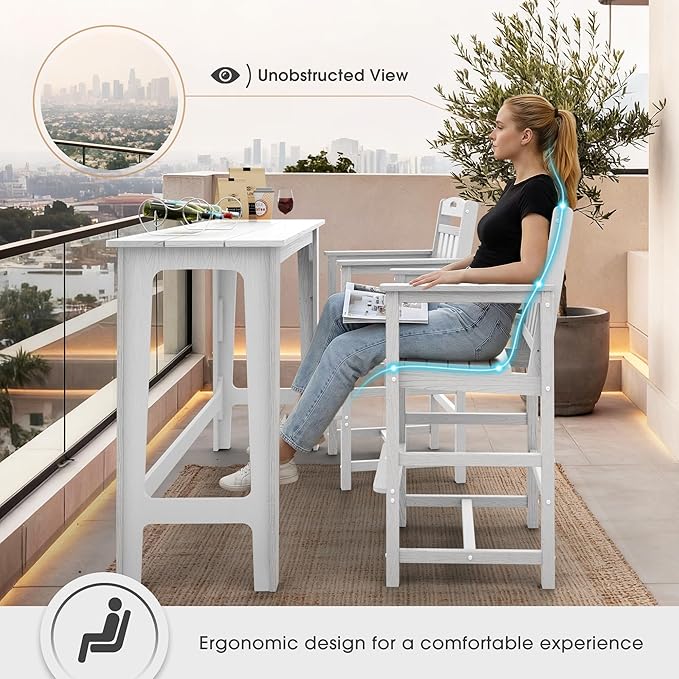 Ciokea Heavy Duty Bar Height Chair, 380lbs Outdoor Adirondack Tall Bar Chair Patio Stool with Arms & High Back, Heavy Duty All-Weather for Balcony, Poolside, Deck and Garden, White