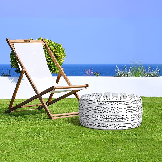 LVTXIII Indoor/Outdoor Inflatable Ottoman with Handle D21 x H9 Inch, Weather-Resistant Round Footstool Pouf for Patio Camping Living Room, Portable Footrest Extra Seating, Herringbone Black White
