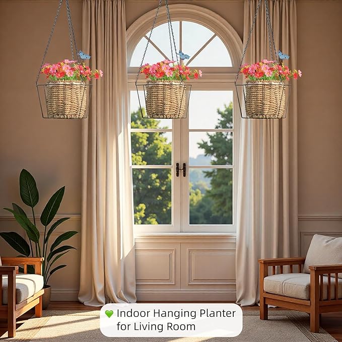 Metal & Macrame Plant Hanger Indoor/Outdoor Use – Heavy Duty Hanging Planter Holder with Basket for Ceiling, Window, Patio – Decorative Hanging Pot Tray for Plants(12 Inch, 2-Pack)